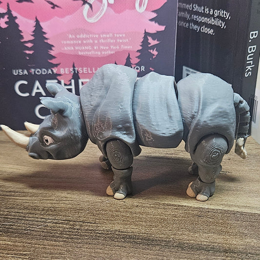3D Printed Articulated Rhino | Large Posable Animal Figure | Bookshelf Decor Companion